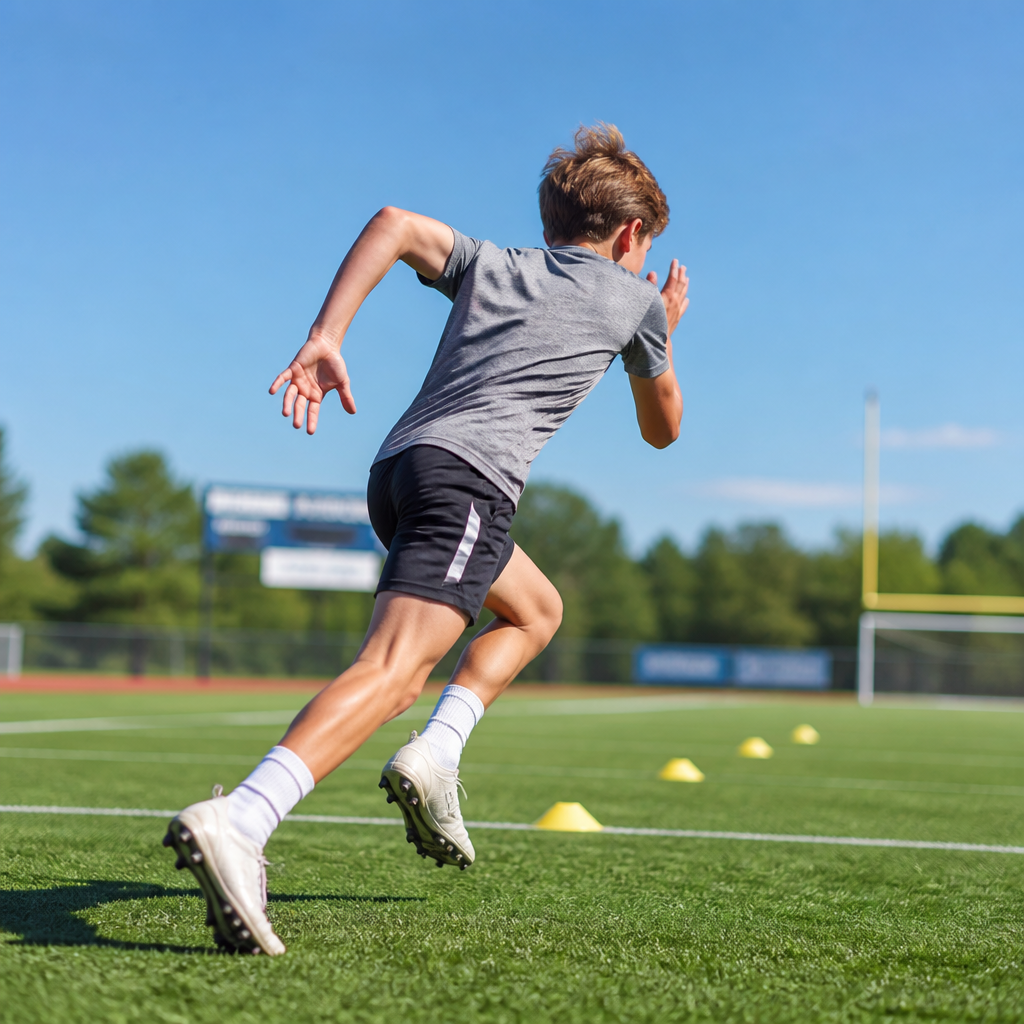 Young athlete in action during outdoor summer sports training