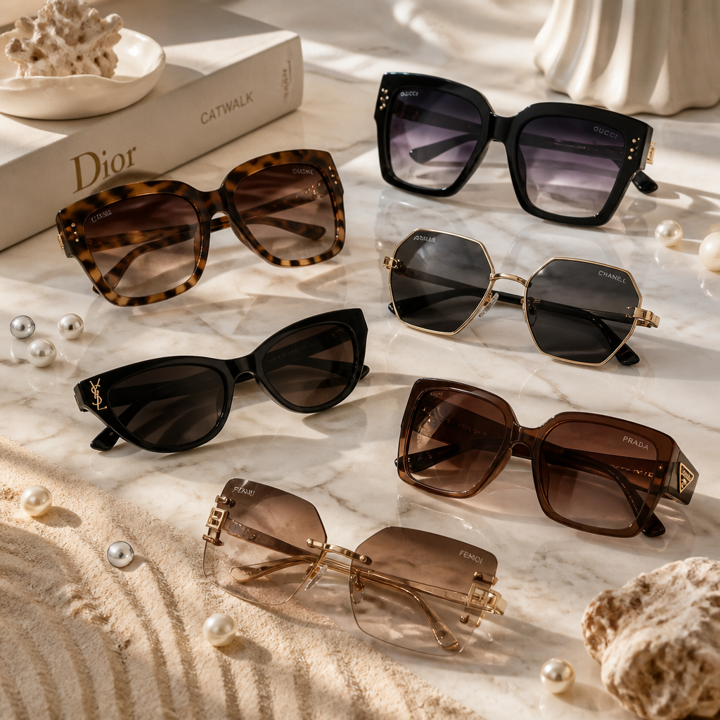 Designer sunglasses collection arranged on marble with varied frame styles