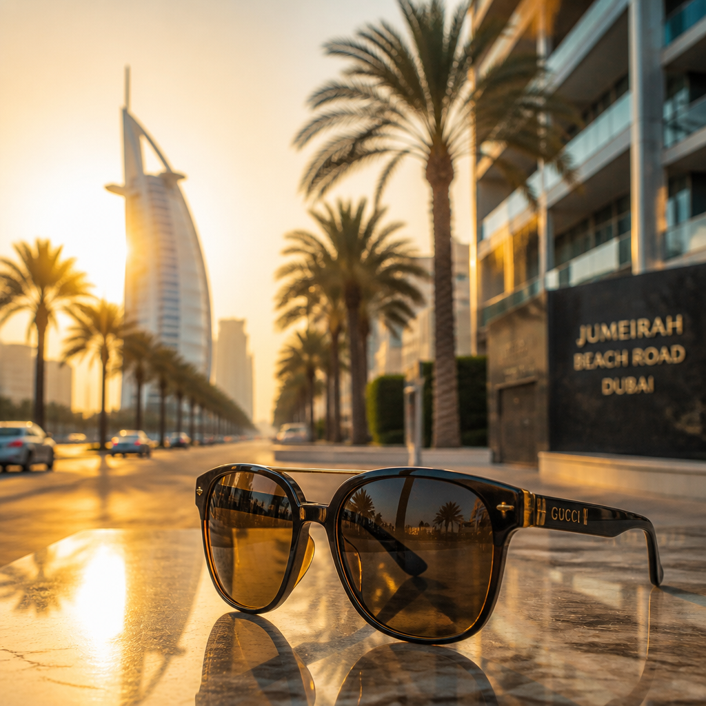 Sunglasses on Dubai street with modern architecture and intense sunlight