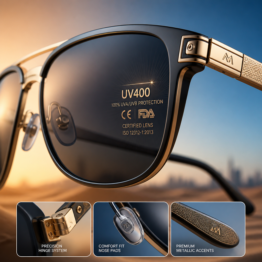 Macro detail of designer sunglasses lens and frame construction