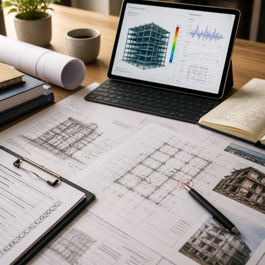 Bureau d'études avec documents d'évaluation parasismique et plans techniques