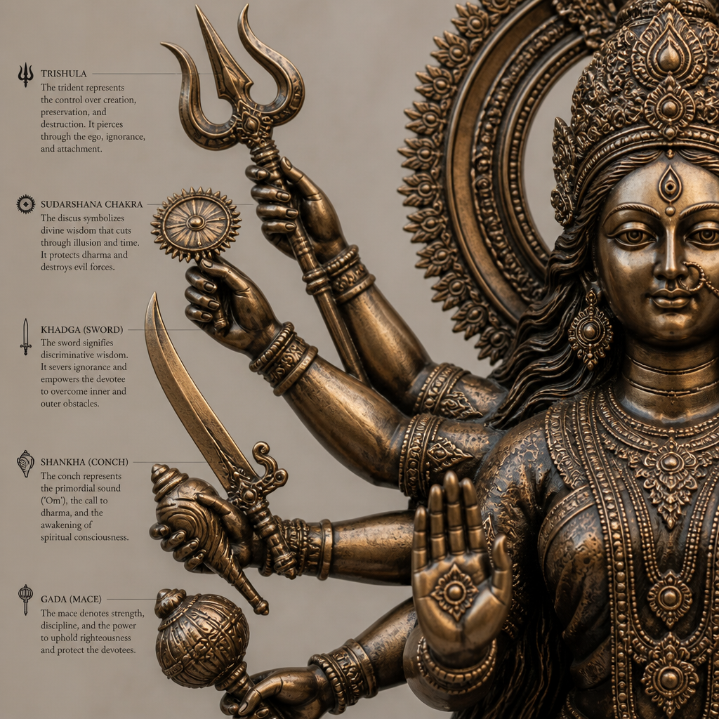Detailed bronze Durga statue showing multiple arms with symbolic weapons and ornamental details