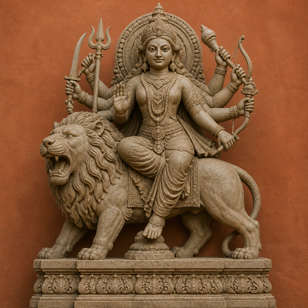 Stone Durga statue mounted on a lion in traditional South Asian temple sculpture style