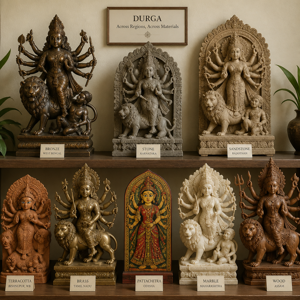 Collection of Durga statues in various materials and regional styles displayed on a home altar setting