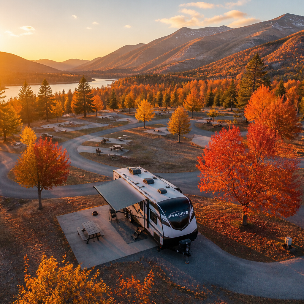 RV parked at autumn campground with fall foliage and mountain views