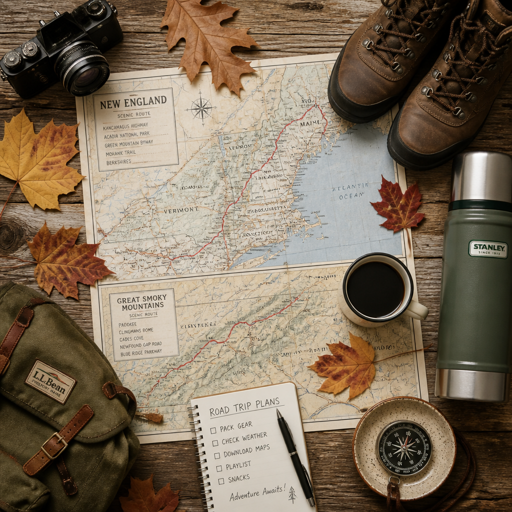 Fall road trip planning supplies including map, boots, and camping gear