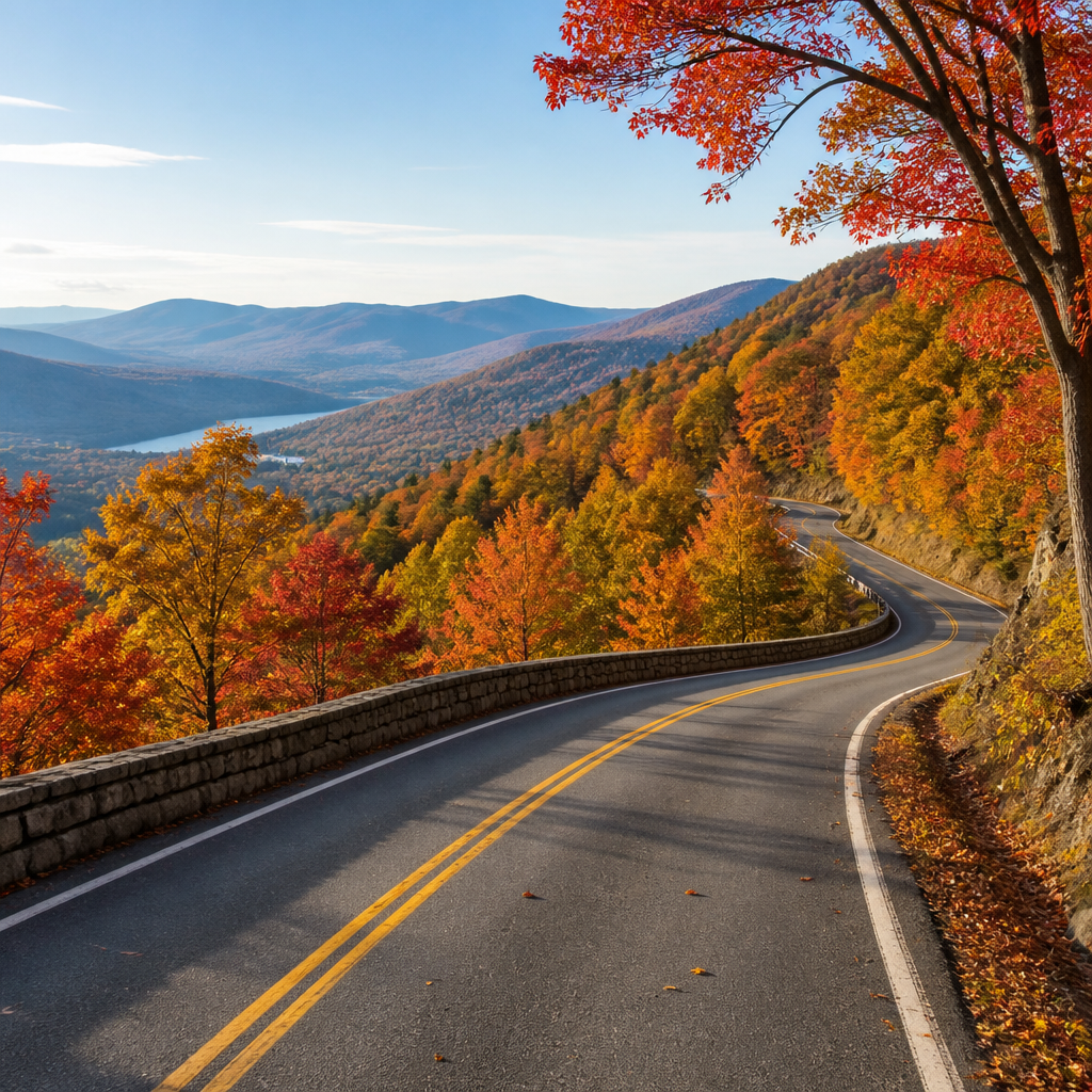Scenic mountain road lined with vibrant autumn foliage