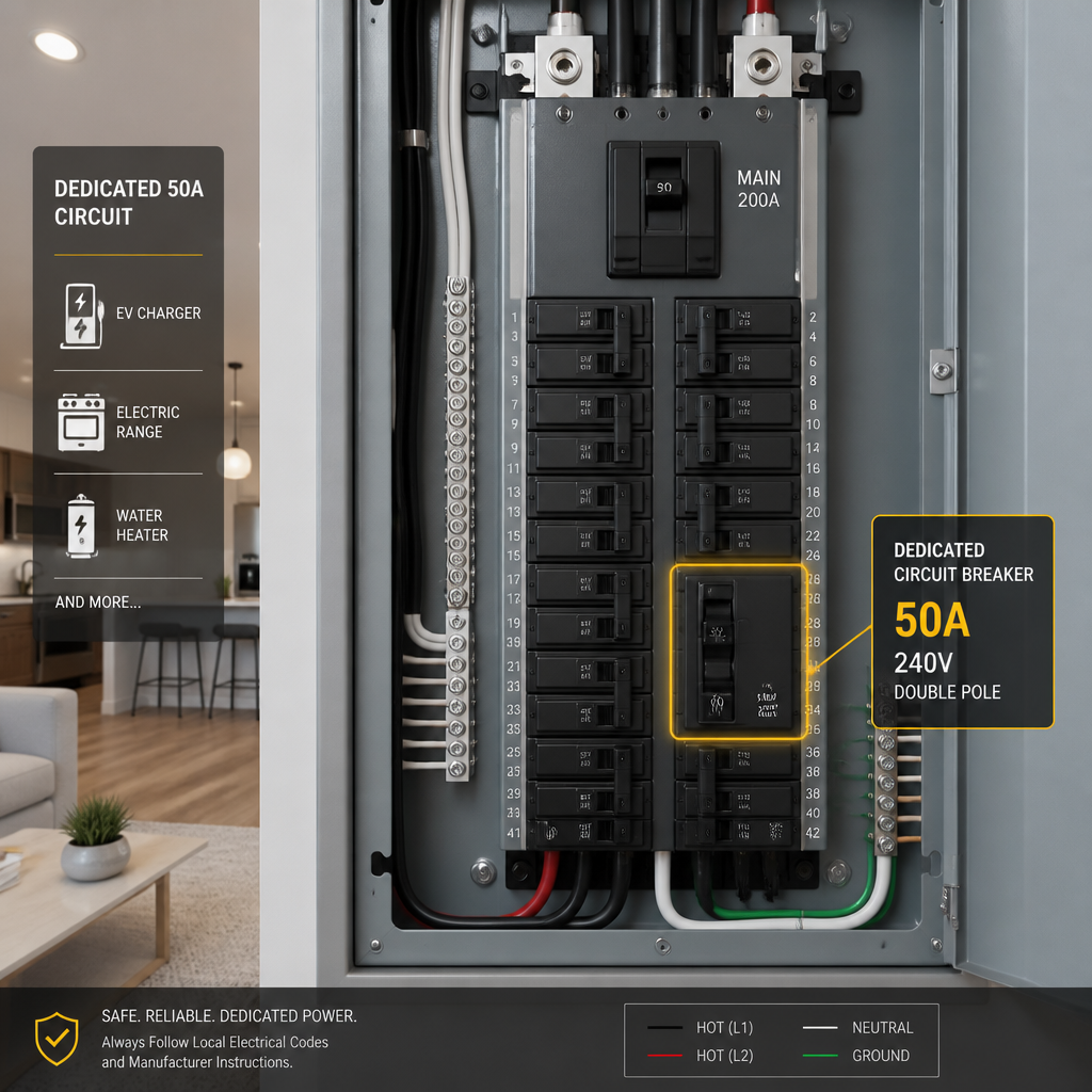 Dedicated 50-amp circuit breaker in a residential electrical panel
