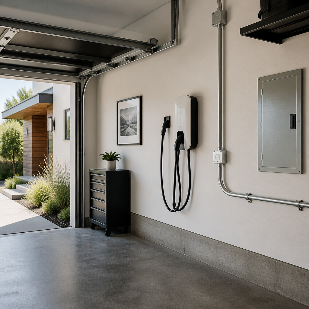 Wall-mounted Level 2 EV charger installation in a residential garage