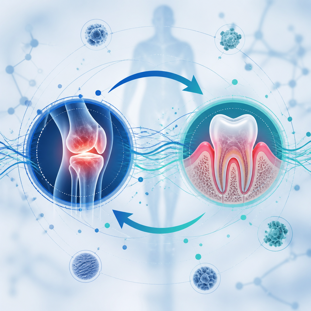Abstract network visualization representing the biological connection between rheumatoid arthritis and gum disease