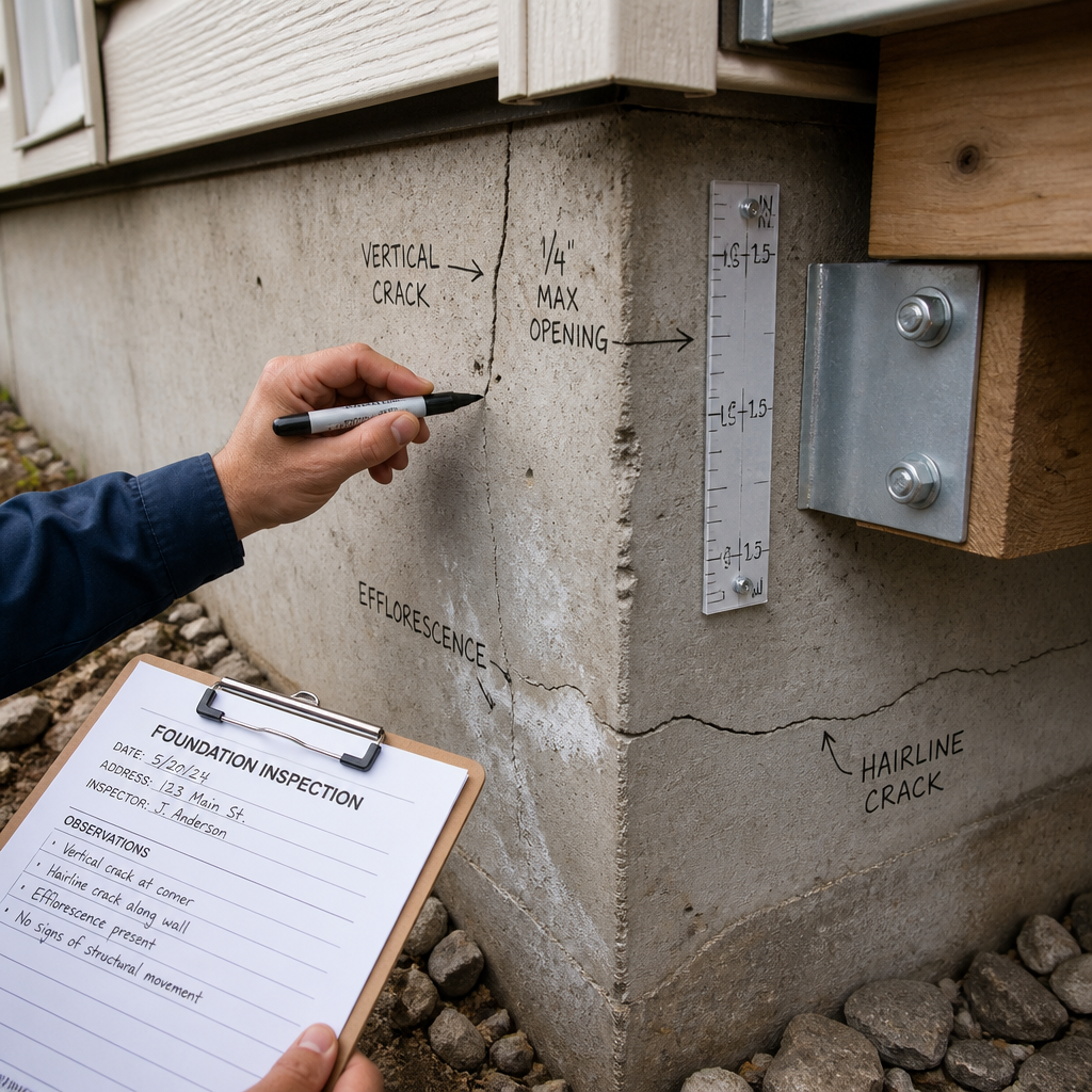 Inspection des fondations d'une maison avec outils de mesure et marqueurs techniques