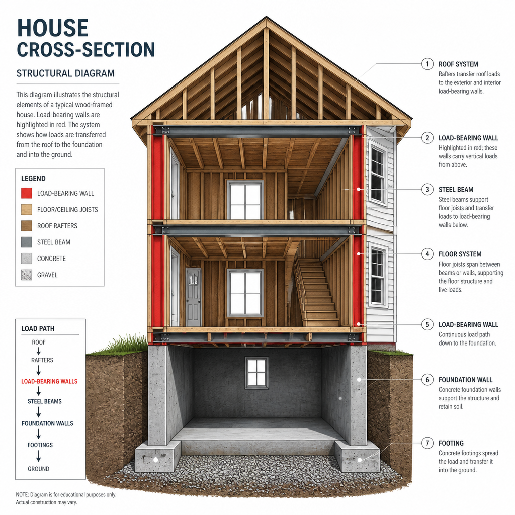 Schéma technique de la structure d'une maison avec identification des murs porteurs