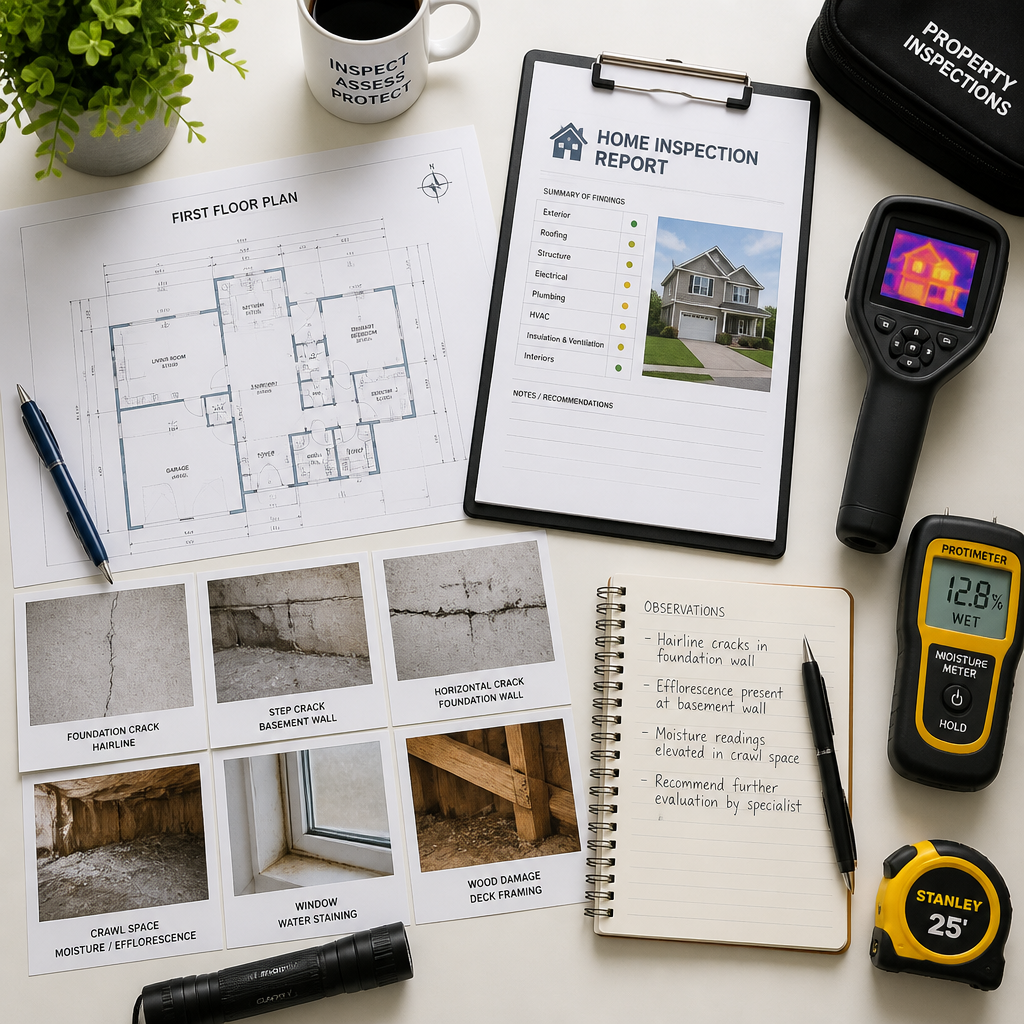 Poste de travail d'inspecteur avec documents techniques, plans et outils de diagnostic structurel