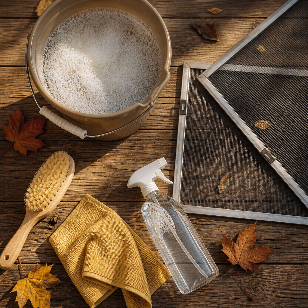 Window screen cleaning supplies laid out on a wooden surface