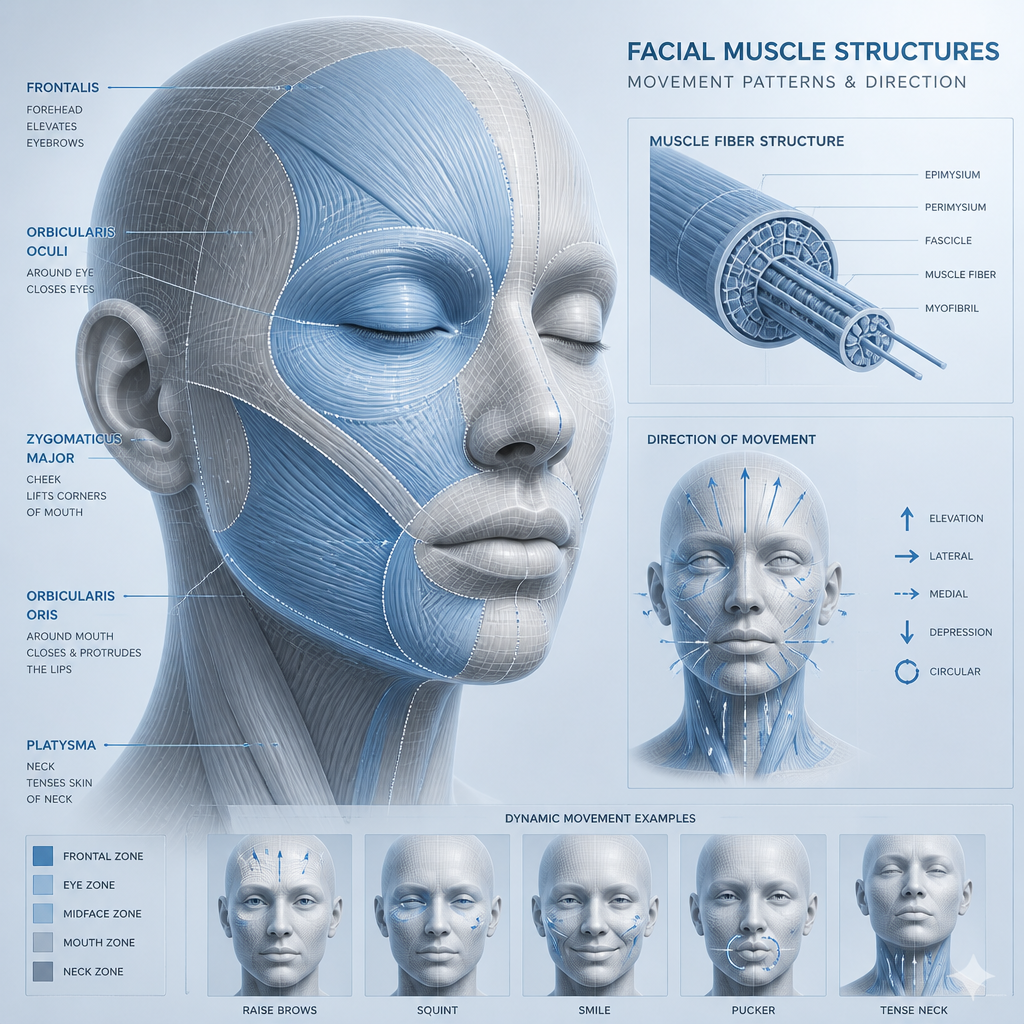 Anatomical illustration of forehead and eye muscles involved in dynamic wrinkles