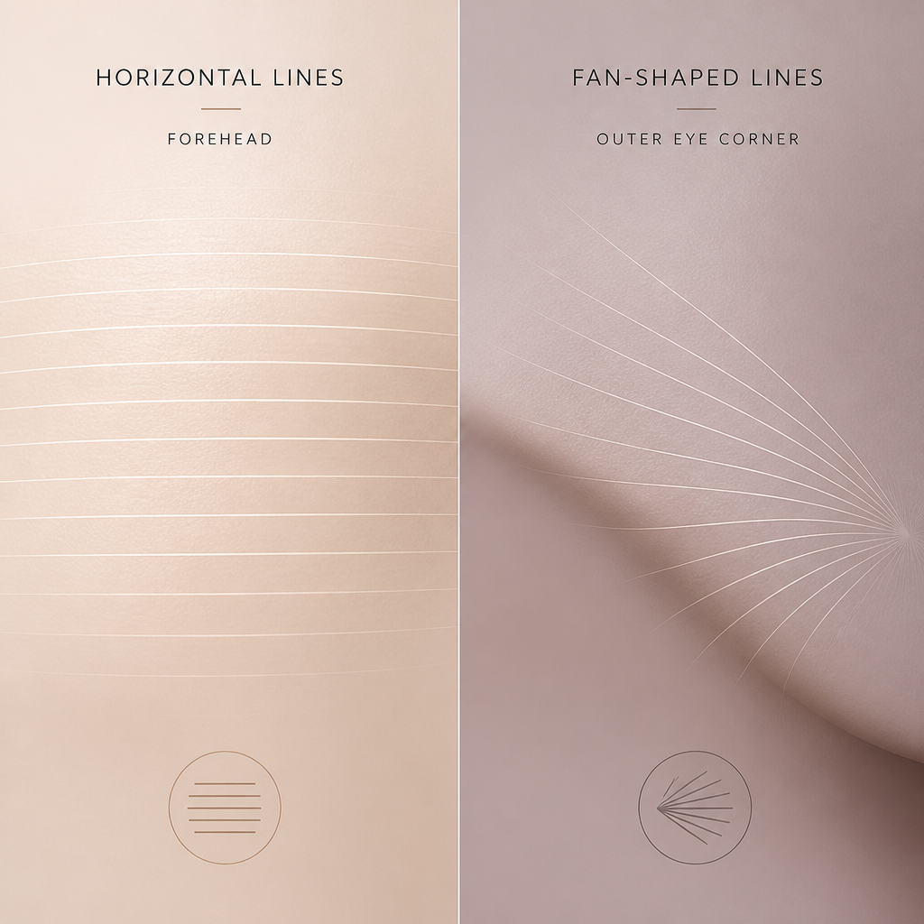 Abstract visualization comparing horizontal forehead lines versus radial crow's feet patterns
