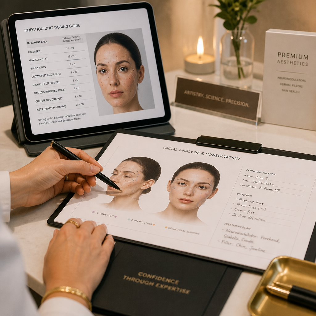Professional medical workspace showing treatment planning documentation and dosing materials