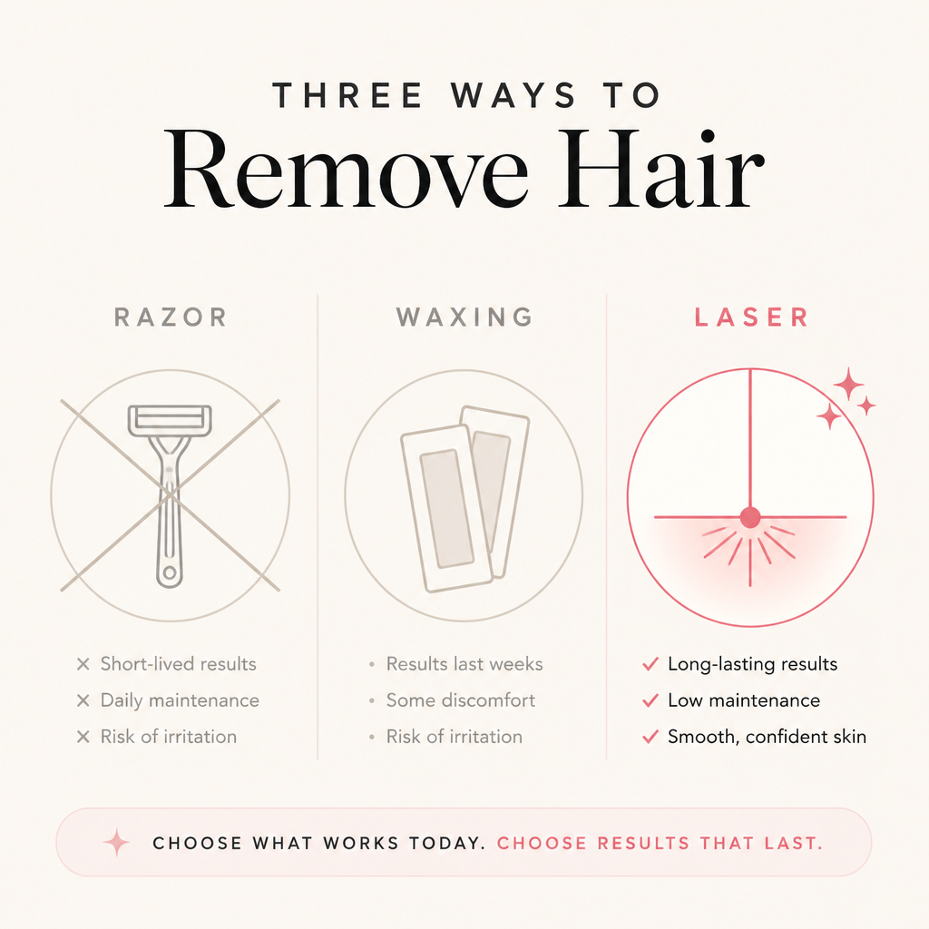 Graphic comparison of hair removal methods highlighting laser technology as the modern choice