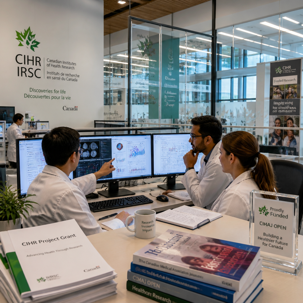Collaborative research team in a Canadian medical research institution workspace