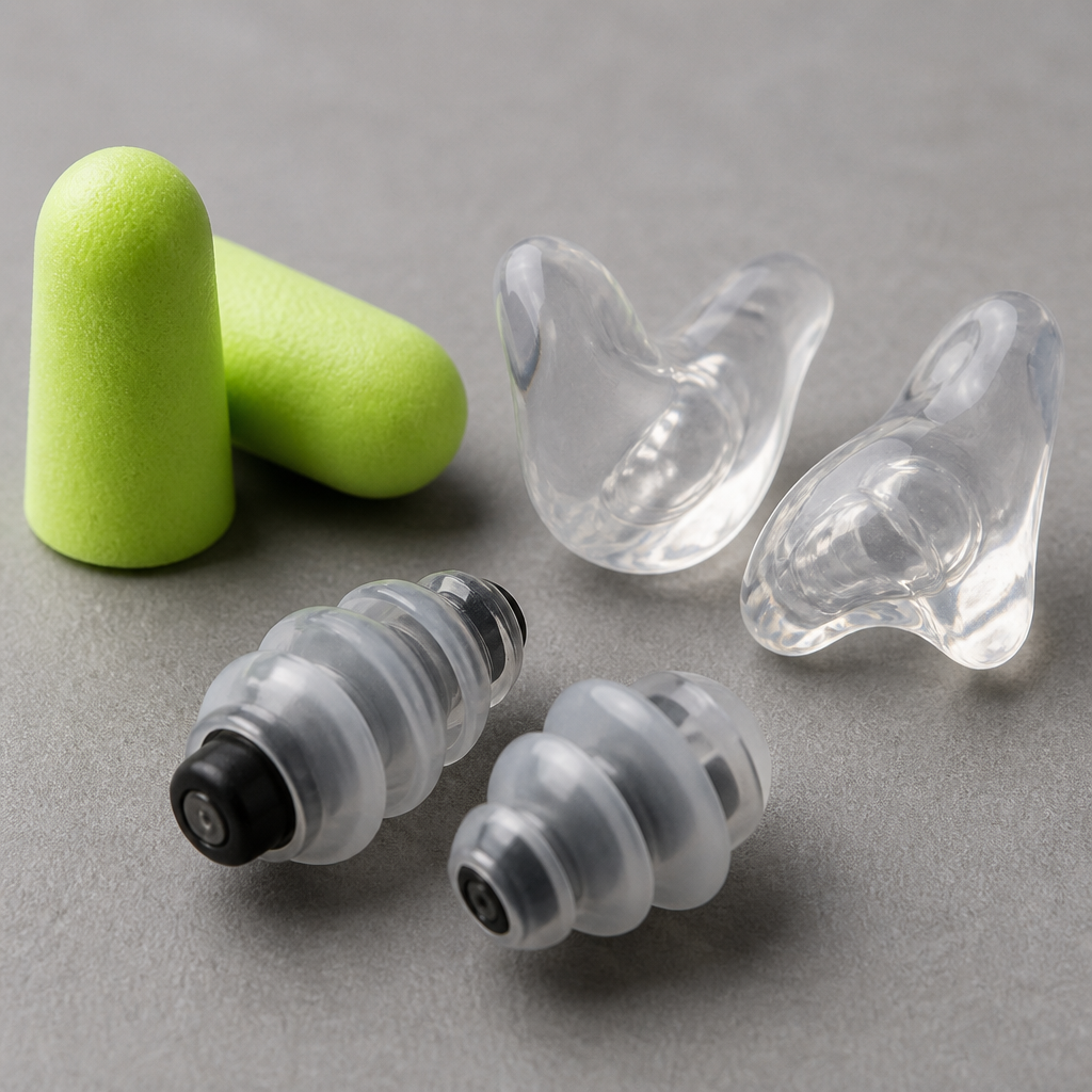 Close-up view of various earplug types showing foam, silicone, and custom-molded designs
