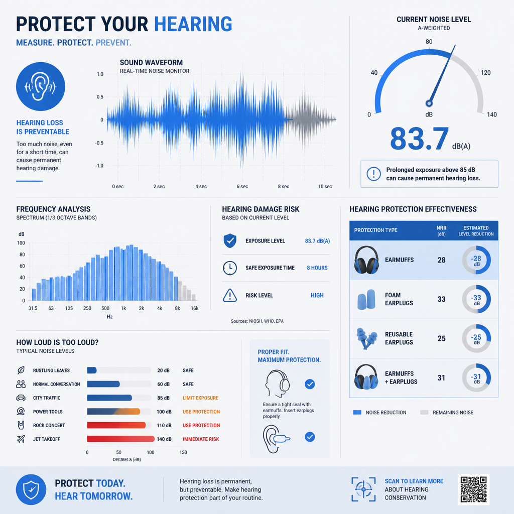 Abstract visualization of sound waves and decibel measurements related to hearing protection standards