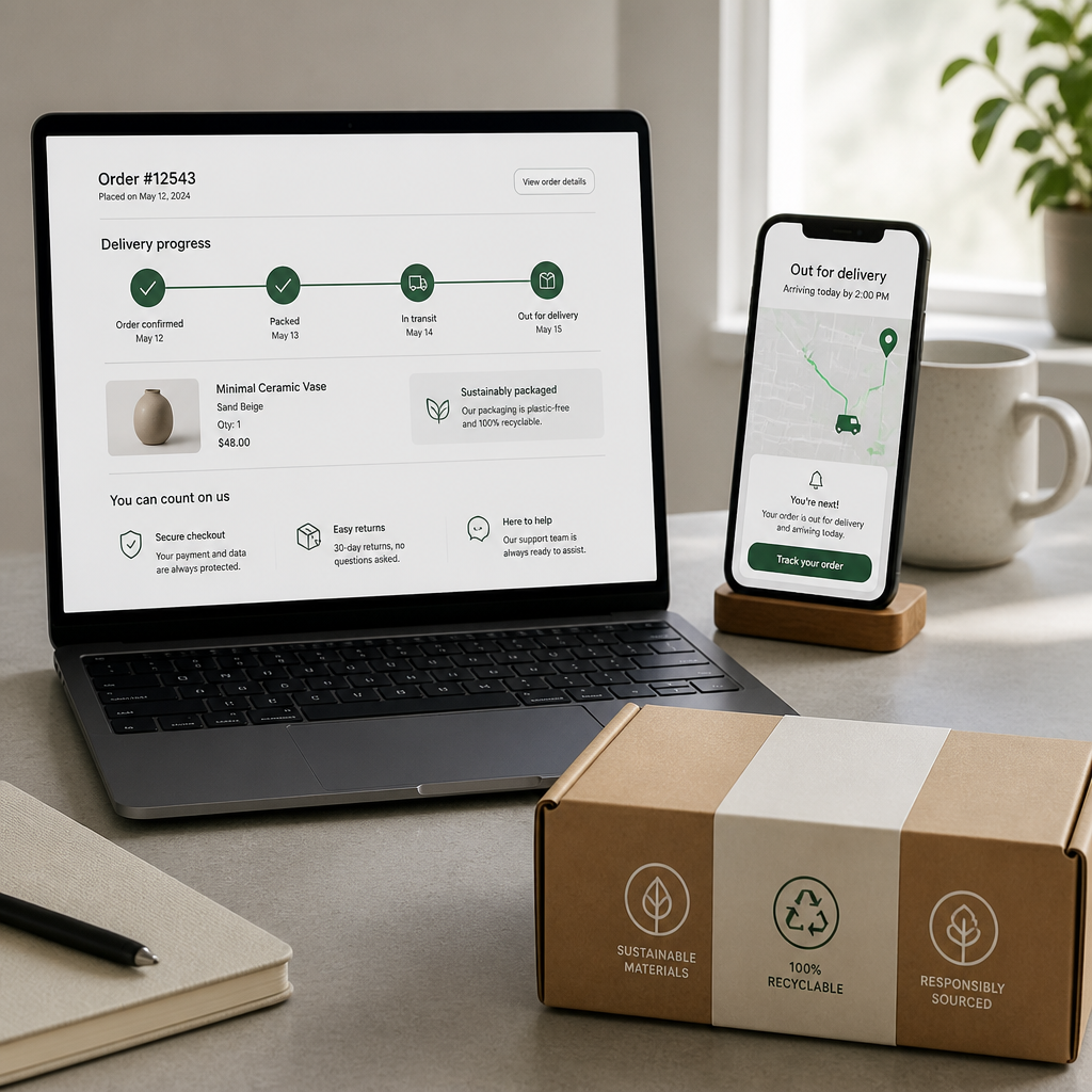 Interfaz digital de compra online con icono de envío en 48 horas y sellos de certificación en pantalla