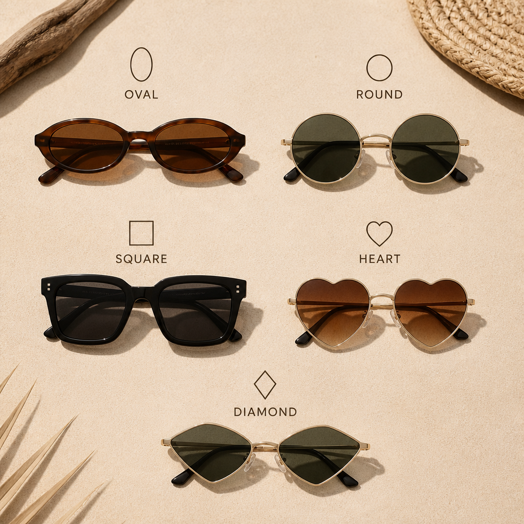 Five different sunglass frame shapes arranged in a grid, representing oval, round, square, heart, and diamond face shapes