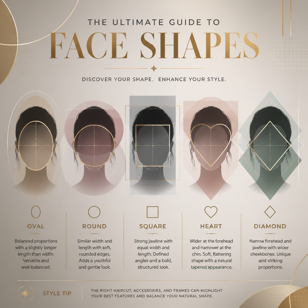 Geometric silhouettes of five face shapes with abstract design elements in a modern editorial style