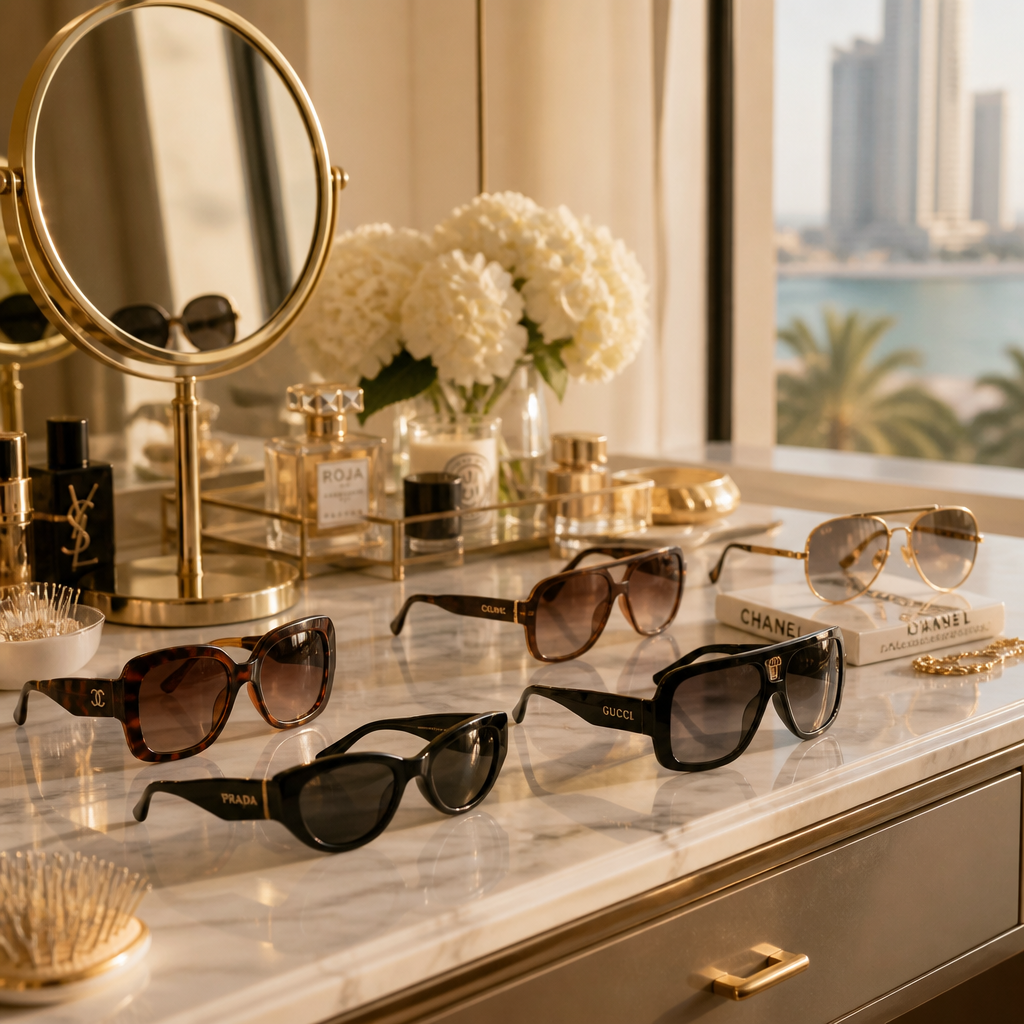 Luxury vanity scene with multiple designer sunglasses frames displayed on marble surface with premium accessories