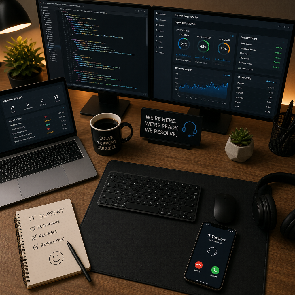 Kontor workspace med computerudstyr og telefon - visualisering af IT-support responstid
