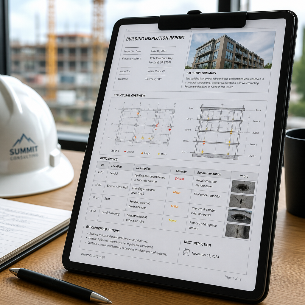 Digital building inspection report on tablet with structural details and defect documentation