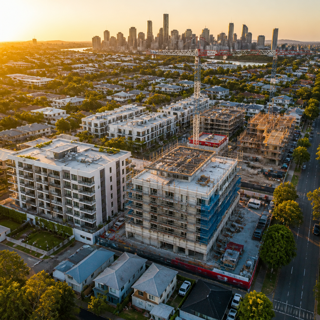 Brisbane residential construction area with new buildings and development sites