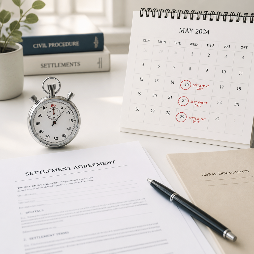 Settlement timeline workspace with calendar, stopwatch, and building documents symbolizing time-sensitive inspection process