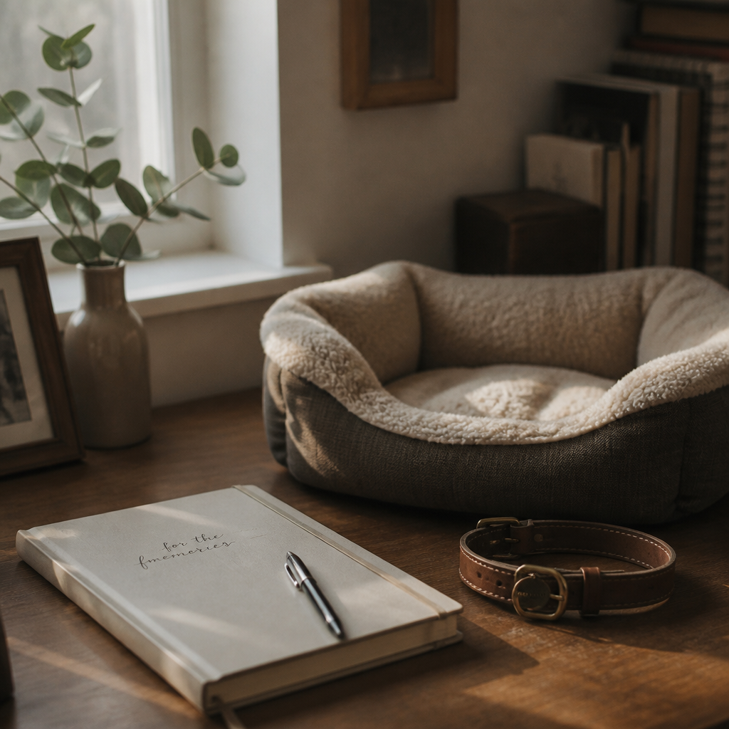 Empty pet bed and collar on a desk with journal and warm natural light, representing pet loss grief