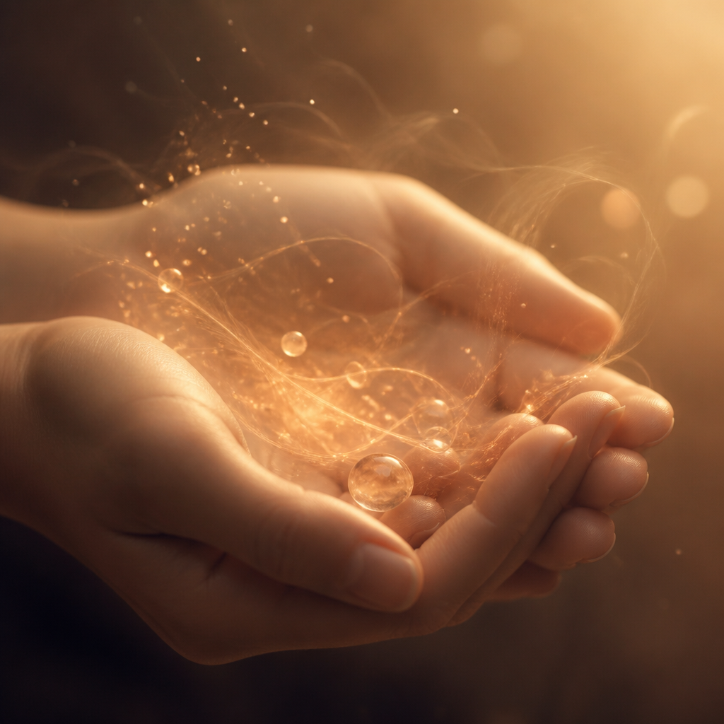 Hands cradling gentle light and particles, symbolizing comfort during pet loss grief