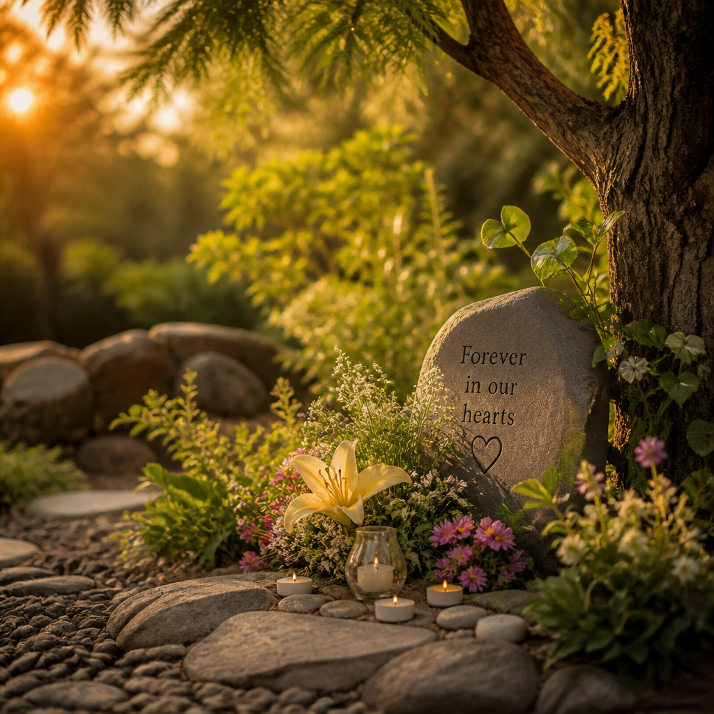 Peaceful garden memorial scene with flowers and natural elements honoring pet loss