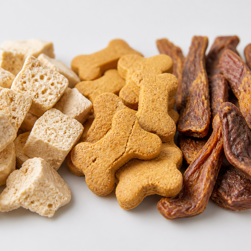 Three different dog treat types displayed side by side showing distinct textures and colors from different processing methods
