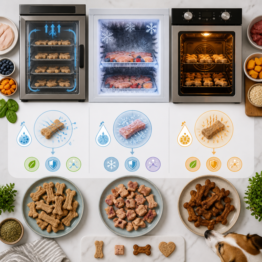 Visual representation of three dog treat processing methods displayed in a modern workspace setting