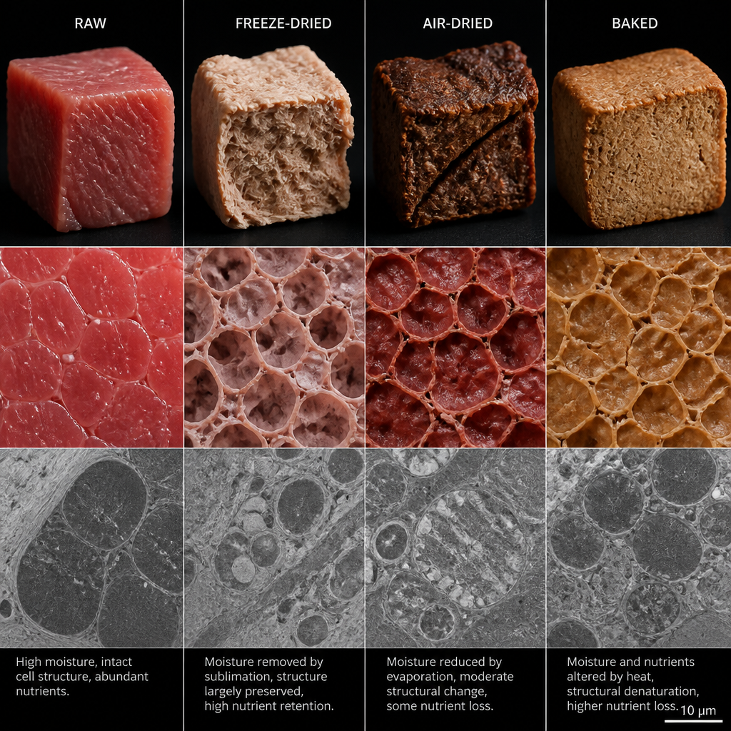 Macro detail comparison showing how different preservation methods affect ingredient structure and appearance