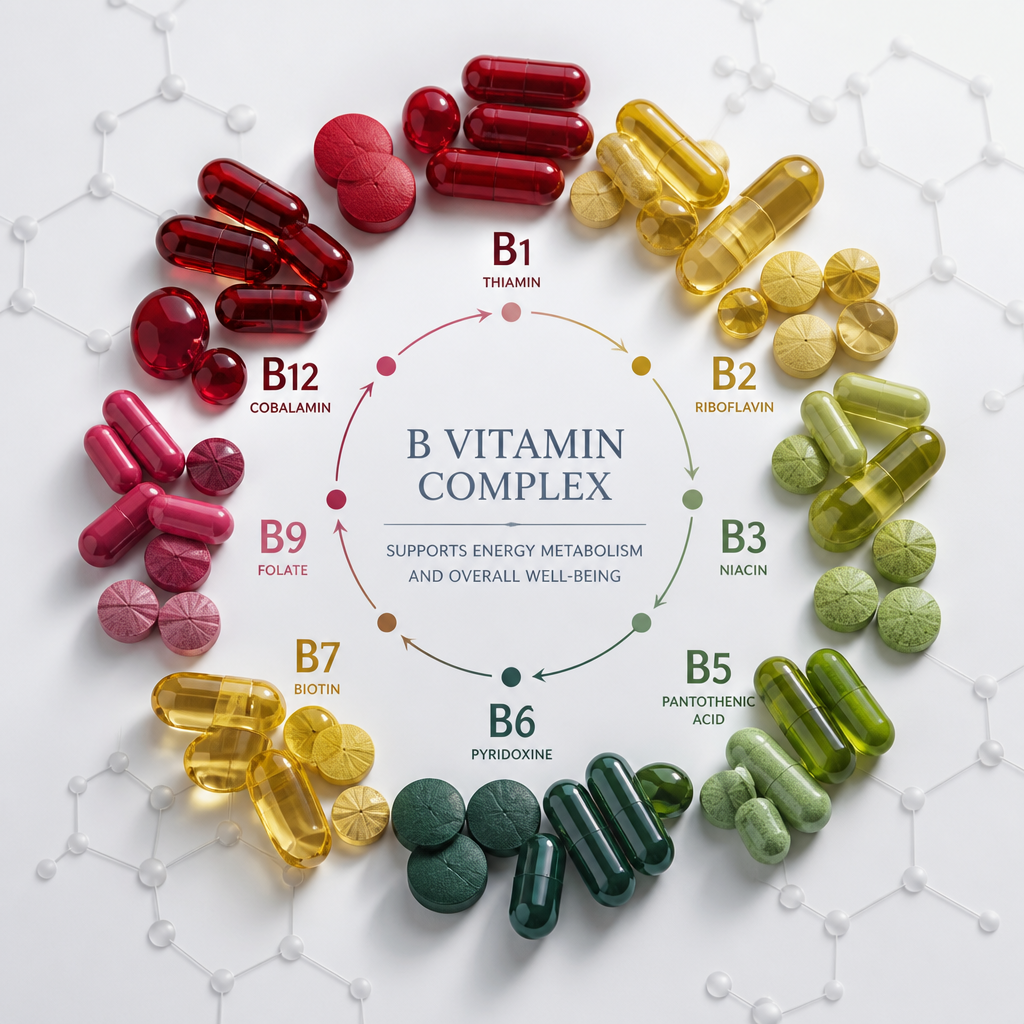 B vitamin complex capsules and tablets arranged in a circle on white background with molecular pattern