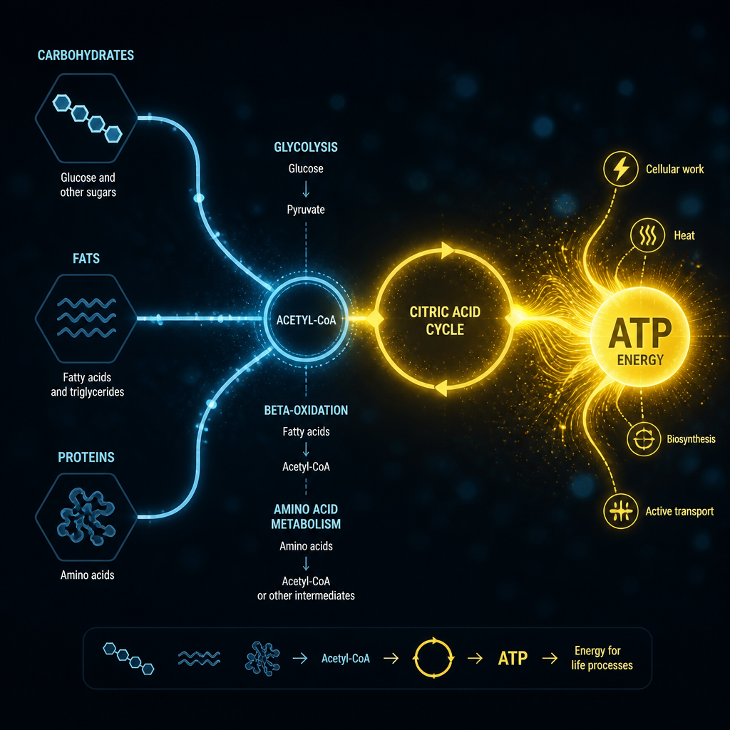 Abstract energy metabolism visualization with flowing lines representing ATP synthesis and nutrient conversion