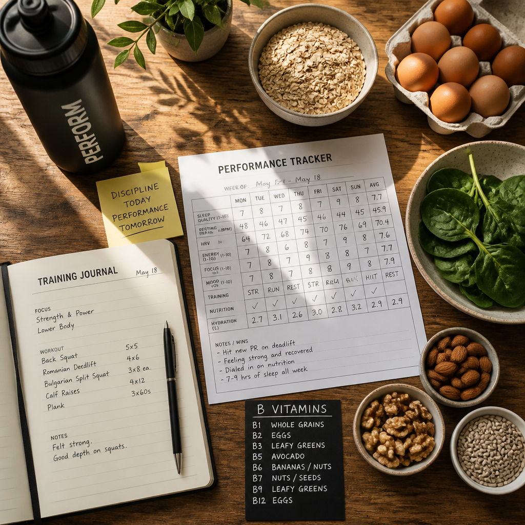 Athlete's workspace with training gear, healthy foods rich in B vitamins, and performance tracking journal