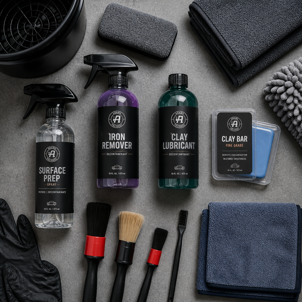 Professional car paint decontamination tools and products arranged on a workbench