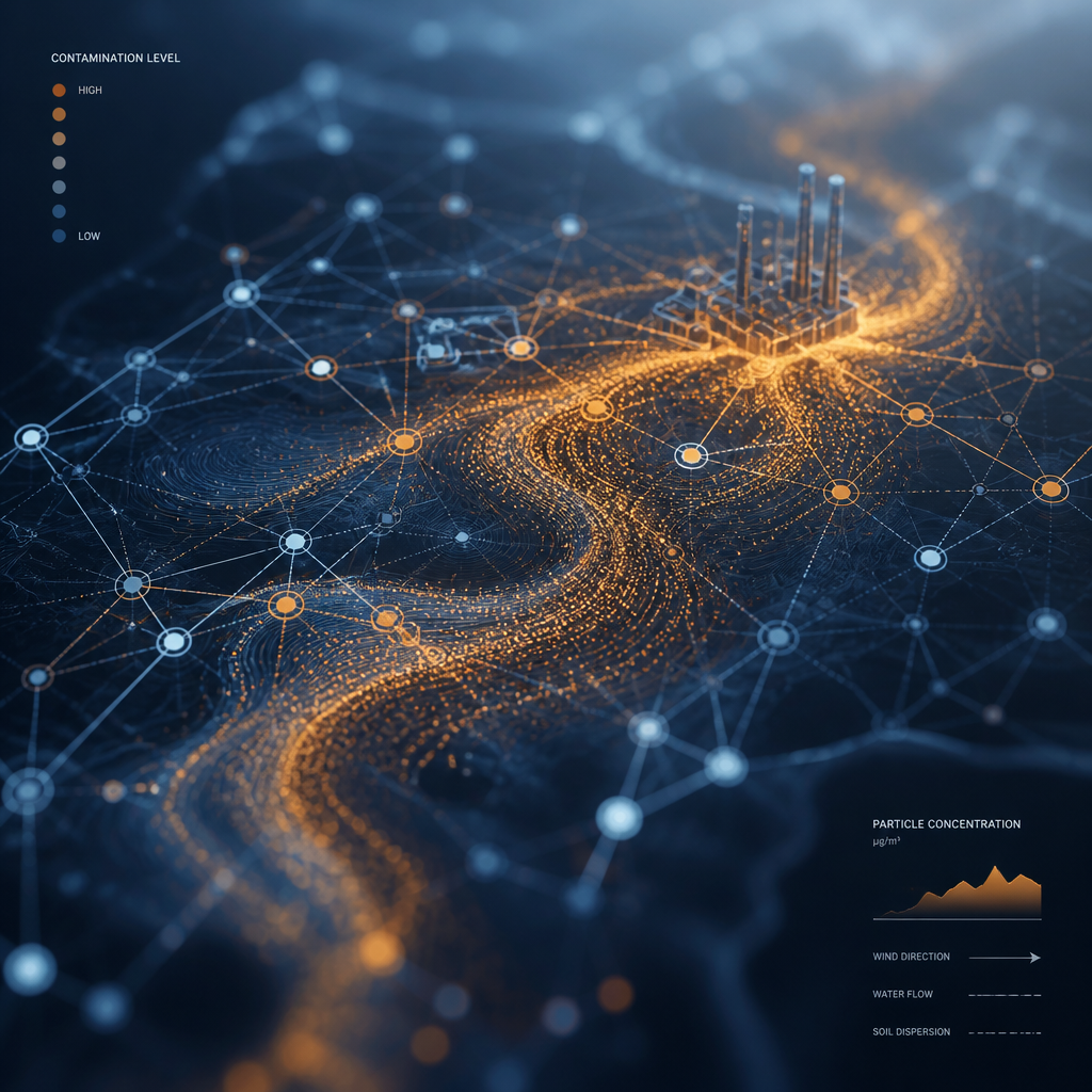 Abstract visualization of contamination particles spreading on a surface
