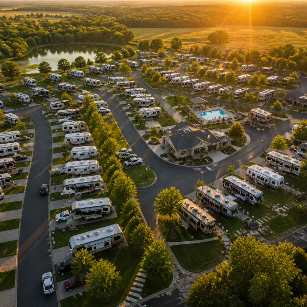 Aerial view of an organized RV park with multiple campsites and winding roads at sunset