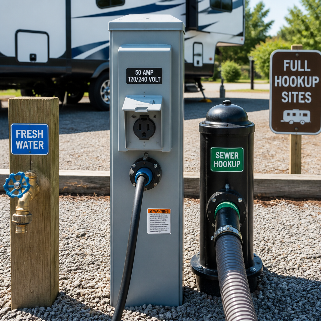 Close-up of full hookup connections at an RV site showing water, electrical, and sewer infrastructure