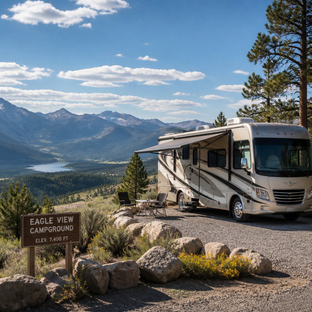RV parked at a scenic campground overlook with natural landscape backdrop