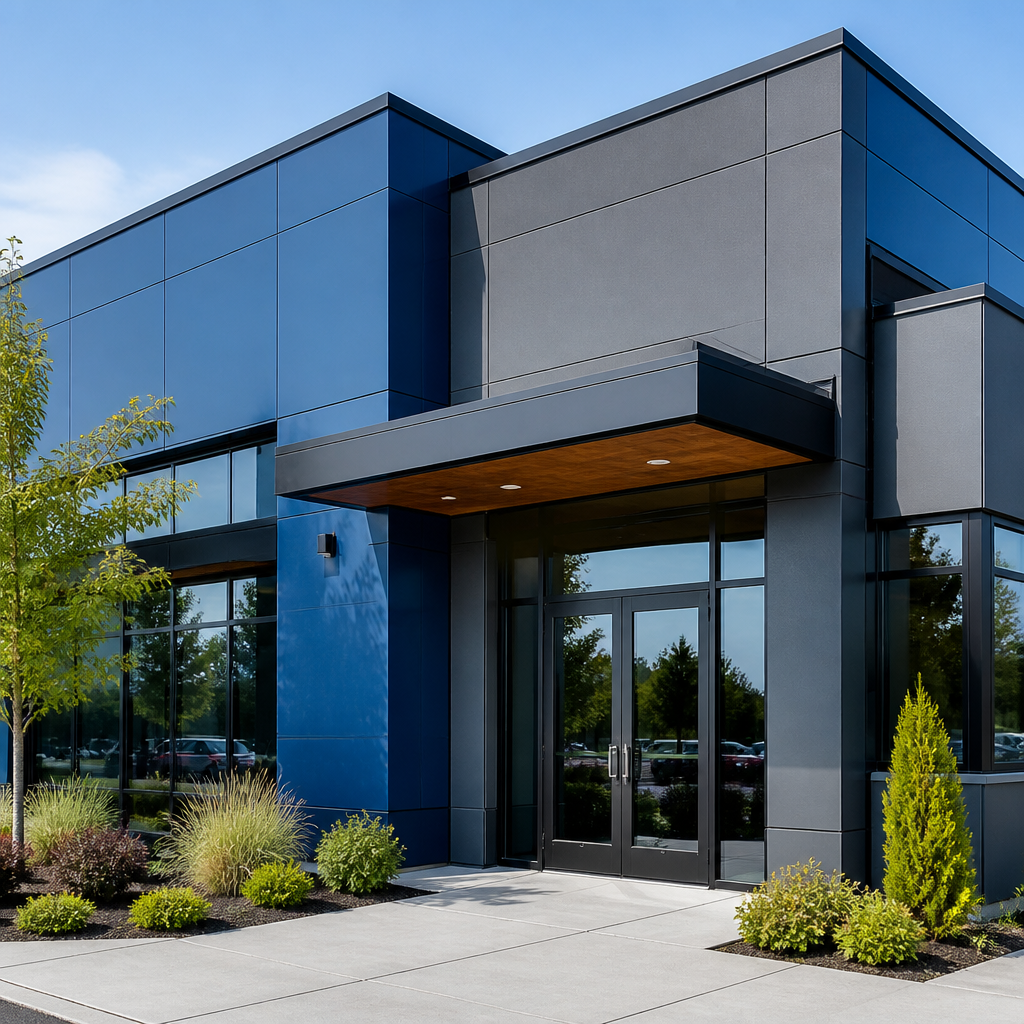 Fresh commercial building exterior with professional paint job and vibrant facade