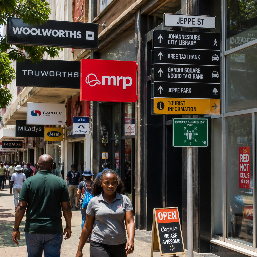 Busy retail street in Gauteng showing multiple competing store signs and directional signage.