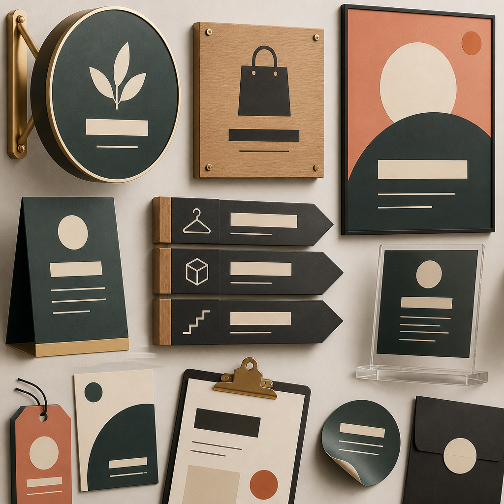 Flat lay of retail signage design elements showing typography and visual hierarchy components.